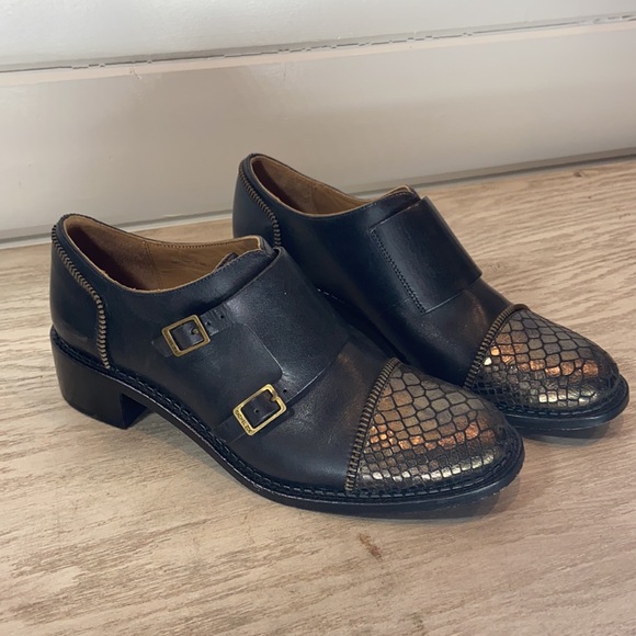 Rachel Zoe Black Leather and Snake Skin Monk Strap Buckle Shoe. Size 6.5 - Picture 2 of 7